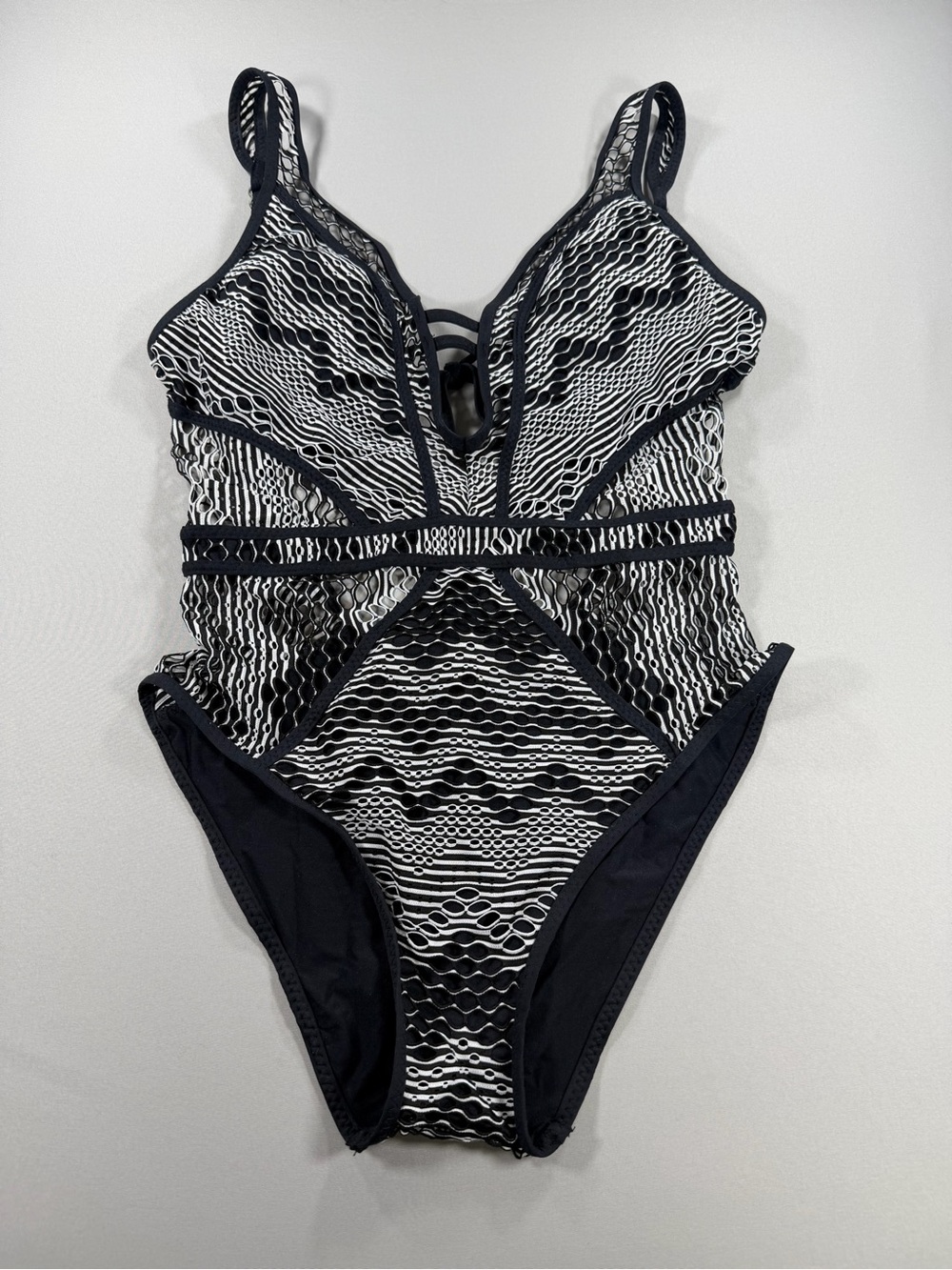 Becca Black White Crochet One Piece Swimsuit Cutout Plunge Lace Up Medium